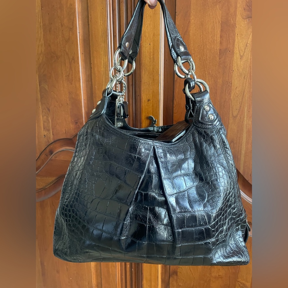 Coach Black Crocodile-Embossed Leather Shoulder Bag
